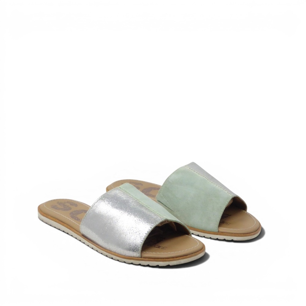Sorel Womens Ella Slide Sandals Green Silver Suede Leather Size 10.5